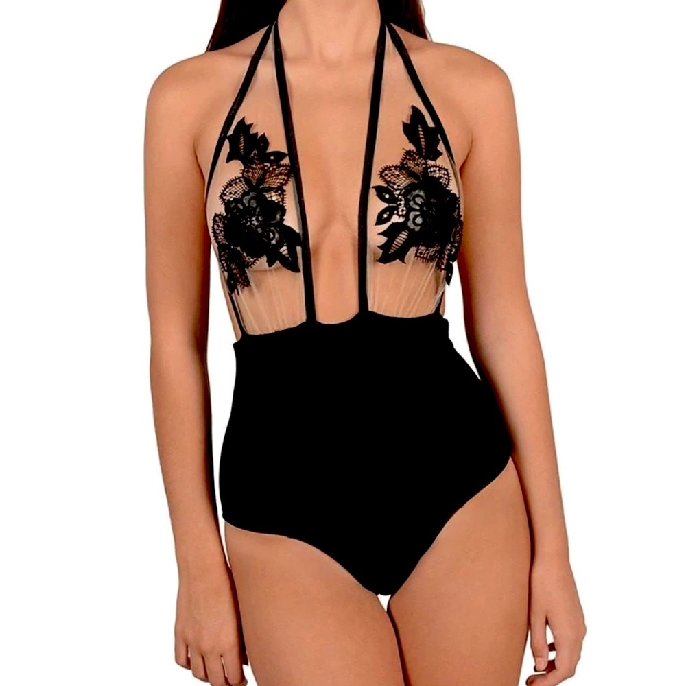 🔥 NWT Sexy mesh & lace one piece bathing suit S